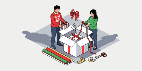 Happy people packing and wrapping holiday gift boxes, men and women adding ribbons and bows, festive celebration and surprise present concept, flat isometric vector illustration