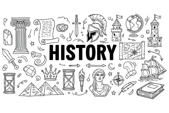 Historical elements doodle: ancient architecture, weapons, and exploration themes