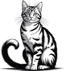Black and white drawing of a tabby cat sitting feline