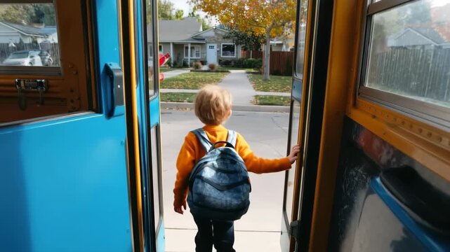 Child with curly hair in orange sweater and backpack steps out of school bus, camera follows with smooth dolly movement, capturing the transition to the outside world