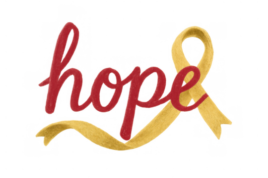 Hope message with yellow awareness ribbon design, supporting cancer awareness and positive outlook on transparent background