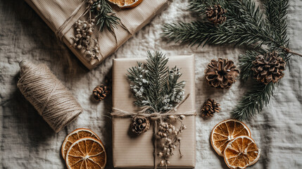 Flat-lay of Christmas gift wrapping scene, craft paper, twine, pine branches, dried orange slices, minimalist nordic aesthetic, neutral tones, top view, natural light
