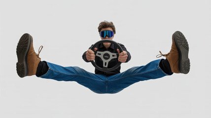 Funny Guy Levitation Driving Simulator Concept Isolated Against White Background