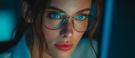 Digital curiosity: a modern woman in a futuristic tech space. Digital artwork. Vibrant tech space envelops curly-haired programmer. Vivid gradient. Abstract neon.