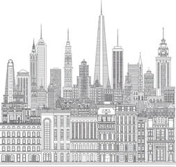 Naklejka premium Detailed line drawing of a city skyline with diverse architecture