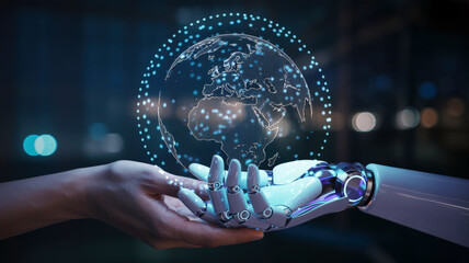 AI Innovation Future Technology Connecting World by Robot Assistance Globe