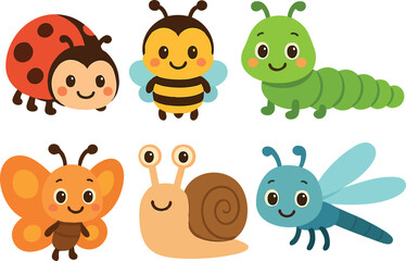 Cute cartoon insects including ladybug, bee, caterpillar, butterfly, snail, and dragonfly vector collection for children-friendly design