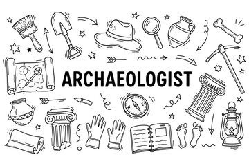 Archaeologist tools with shovel, hat, and ancient artifacts doodles