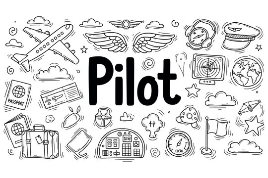 Pilot-themed doodle set: airplane, clouds, compass, passport, suitcase