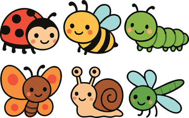 Cute cartoon insects and bugs collection including ladybug, bee, caterpillar, butterfly, snail, and dragonfly in colorful vector style