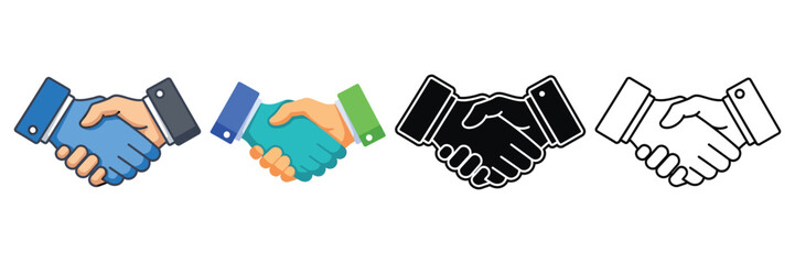 A set of handshake illustrations in different styles, the handshakes are in color, black and white, and outline styles, symbolizing agreement on transparent background