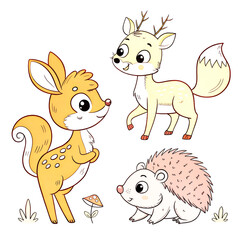 Cute set of funny cartoon farm animals vector illustration including a bunny, donkey, and fox
