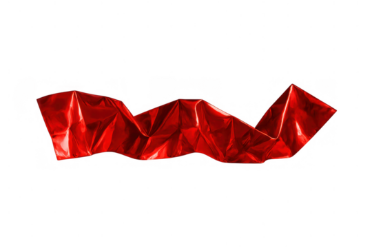 Wavy red fabric ribbon forming an abstract elegant flowing shape on transparent background