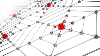 Spider web network with connected metal spheres isolated on transparent background. 3D illustration