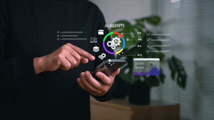 Close-up of man using smartphone with virtual AI agents interface, data visualization, and automation icons, representing artificial intelligence integration in smart mobile technology.