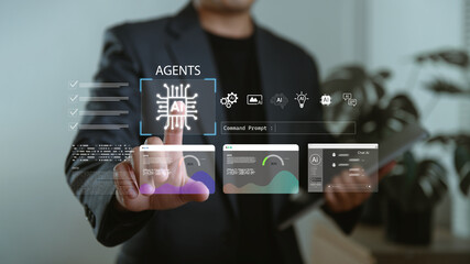 Businessman interacting with futuristic virtual AI agents interface, displaying data dashboards, automation icons, and command prompt for smart technology and digital transformation concept.