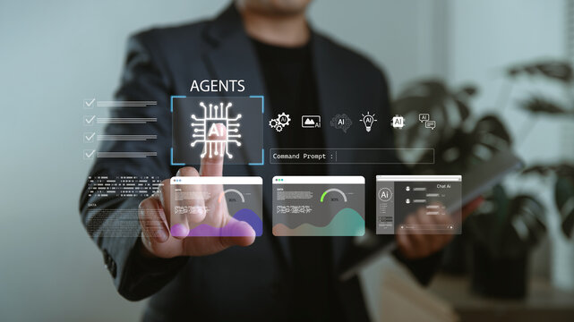 Businessman interacting with futuristic virtual AI agents interface, displaying data dashboards, automation icons, and command prompt for smart technology and digital transformation concept.