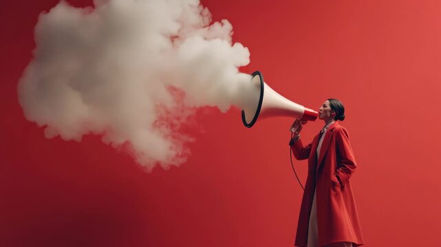 Woman in red coat passionately speaks into a megaphone, showcasing dynamic expression and energy, with vibrant red backdrop enhancing the scene's intensity and emotion