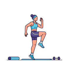 Athletic woman training indoors performing high knees cardio workout exercise