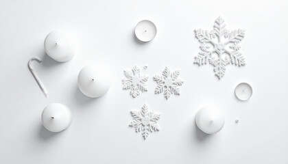 Fototapeta premium Inviting Christmas flat lay showcases simplicity of white candles and snowflakes, radiating calm and peaceful Nordic holiday spirit