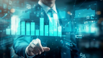 Businessman interacting with holographic financial chart and digital data analytics interface showing technology, growth, and innovation - Powered by Adobe