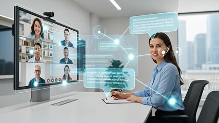 Professional woman engaging in virtual meeting with digital holographic interface taking notes in office setting - Powered by Adobe