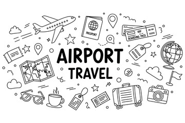Airport travel elements: passport, boarding pass, luggage, globe, plane, map