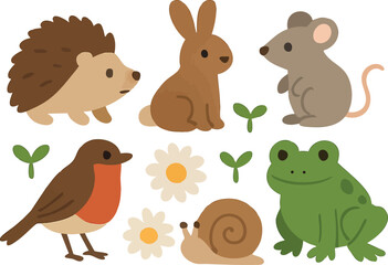 Naklejka premium Cute woodland animals with flowers and sprouts vector illustration in soft colors for nature and wildlife design
