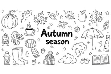 Naklejka premium Autumn season doodles: leaves, umbrella, pumpkin, and cozy elements