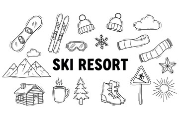 Winter ski resort icons: snowboarding, skiing, mountains, and winter gear illustrations