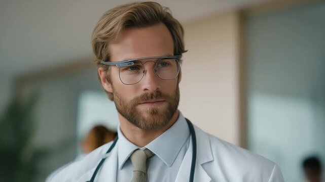 male doctor using AR glasses and smart stethoscope combined technology muted digital hum futuristic care three quarter wide angle cinematic color correction gentle backlight - Powered by Adobe