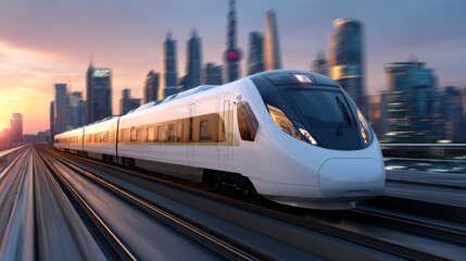 Naklejka premium Modern High-Speed Train Traveling Through Urban Landscape at Sunset with City Skyline in Background