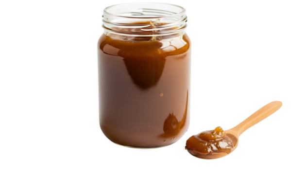 Jar of dulce de leche with wooden spoon isolated on transparent background