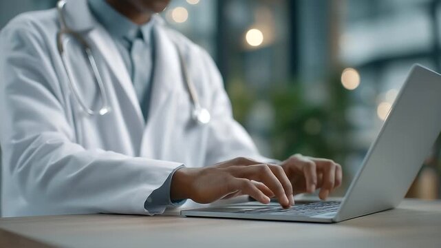 male doctor updating electronic health record with stethoscope visible soft keyboard clicks integrated workflow three quarter wide angle cinematic color correction gentle