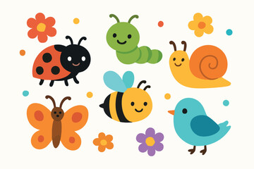 Cute colorful cartoon insects and small bird with flowers vector art for kids and nature design