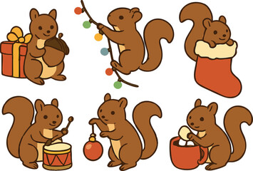 Fototapeta premium Cute squirrel cartoon set with christmas gifts ornament drum and stocking festive winter celebration vector collection