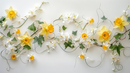 Lush spring floral arrangement with yellow daffodils, white flowers, and green ivy vines against a pristine white backdrop