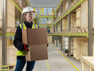 Warehouse logistics worker carries cardboard boxes on storage shelves, ensuring inventory organization and safe handling of goods. Supply chain and warehouse operations.