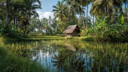 Obraz premium Serene Tropical Landscape with Lush Green Rice Fields and Traditional Hut Surrounded by Palm Trees and Calm Water Reflections in Bright Sunlight