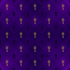 Wonderland seamless pattern. Gold keys on purple background. Texture for fabric, wallpaper, decorative print