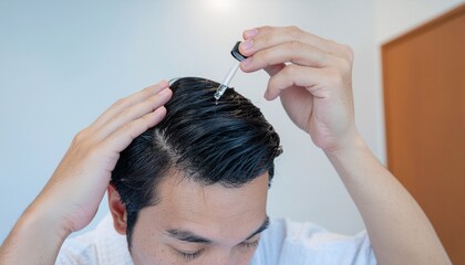 Fototapeta premium A close-up shot of a man applying serum to his hair with a dropper, focusing on hair care and grooming