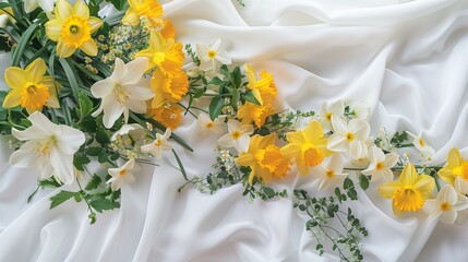 Beautiful Spring Daffodil and Narcissus Flowers on White Silk Fabric