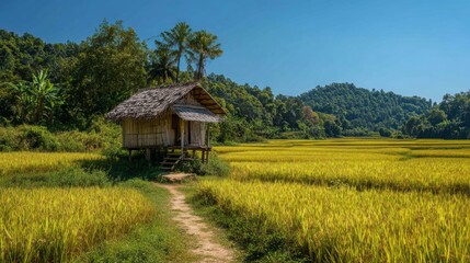 Obraz premium Serene Rustic Cottage in Expansive Green Rice Field Surrounded by Lush Mountains Under Clear Blue Sky