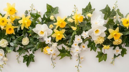 Spring floral border with yellow daffodils and white narcissus flowers