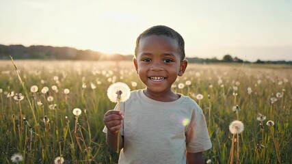 Smiling child holding fluffy dandelion flower, glowing meadow filled with blooming dandelions, golden sunlight, joyful childhood moment