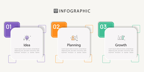 Business infographic template with 3 steps, idea planning growth, modern flat design for project strategy and corporate presentation, Infograph elements vector illustration.