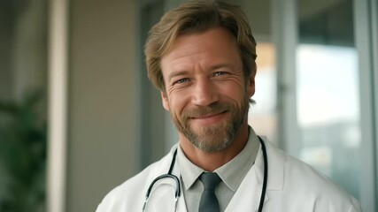 male physician smiling at camera with stethoscope bright hospital branding photo professional image three quarter wide angle cinematic color correction gentle backlight clean