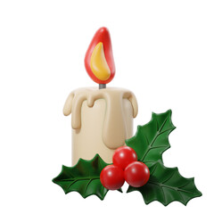 Lit Christmas candle surrounded by holly berries. 3D illustration.