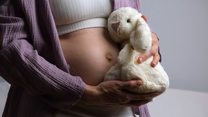 Women belly, pregnant woman hold cute baby rabbit near abdomen.