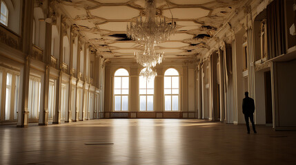 An opulent, sunlit ballroom featuring tall windows, ornate detailing, and a grand chandelier, where a lone figure stands in contemplation, blending history and solitude.